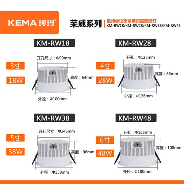【荣威系列】防眩视频会议室超高清LED专用筒灯18W/28W/38W/48<br> KM-RW18/RW28/RW38/RW48